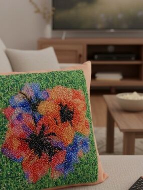 Green Floral Beaded Accent Pillow with Multicolor Blooms